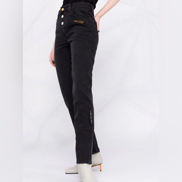 Off-White Slogan Print High Rise Button Fly Straight Black Jeans Size 26 NWT - Picture 1 of 8